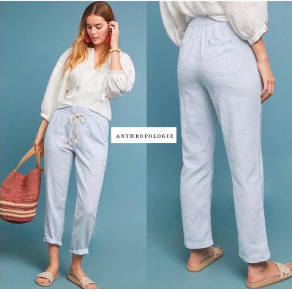 Anthropologie Seashore Blue Striped Linen Casual Lightweight Pants Size Small